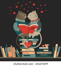 Cute cats in love reading a book. Vector illustration