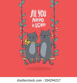 Cute Cats in love ride on a swing. Happy Valentine's day postcard. Vector illustration.