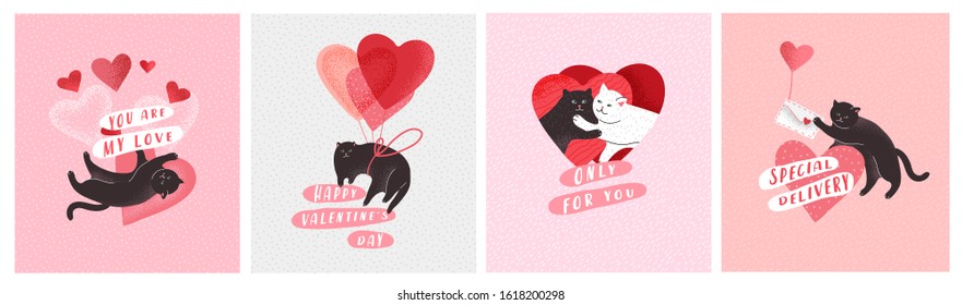 Cute cats in love. Romantic Valentines Day greeting card or poster. Cat give heart, cople cats, with love envelope, hero cat with rose. Flyers, invitation, brochure. Vector cartoon design concept