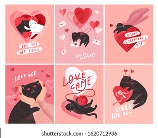 Cute cats in love. Romantic Valentines Day greeting card or poster. Kitten fly on balloon with envelope, hero cat with rose. Flyers, invitation, poster, brochure. Vector design concept. Cartoon