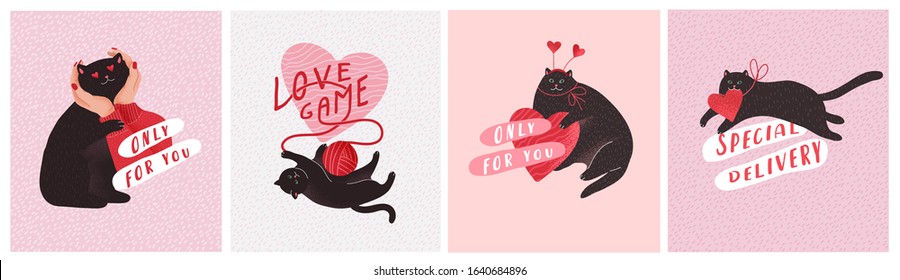 Cute cats in love. Romantic Valentines Day greeting card or poster. Cat give heart, kitten in hands, with love envelope, hero cat with rose. Flyers, invitation, brochure. Vector cartoon design concept