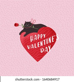 Cute cats in love. Romantic Valentines Day greeting card or poster. Hero Kitten lies on heart with rose in mouth. Flyers, invitation, brochure. Vector design concept. Cartoon