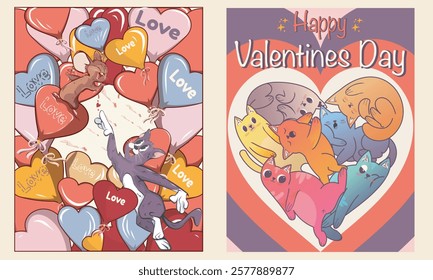 Cute cats in love. Romantic Valentines Day set for greeting card or poster. Adorable cat hugs for Valentine's Day. Vector concept.