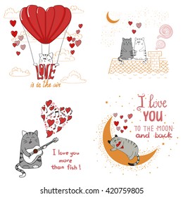 Cute cats in love. Set of funny cartoon cats isolated on white background. Romantic vector illustrations for birthday cards, invitations, Valentine`s Day design. 