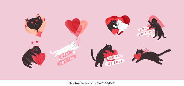 Cute cats in love set. Romantic Valentines Day set for greeting card or poster. Flying cat on balloon, special delivery, kitten in hands. Flyers, invitation, brochure. Vector design concept. Cartoon
