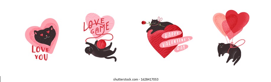 Cute cats in love set. Romantic Valentines Day set for greeting card or poster. Flying cat on balloon, love game, hero cat with rose. Flyers, invitation, brochure. Vector design concept. Cartoon