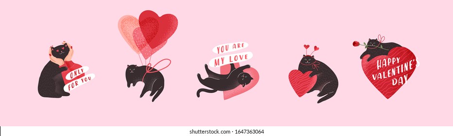 Cute cats in love set. Romantic Valentines Day set for greeting card or poster. Cat give heart, kitten in hands, hero cat with rose, flying cat on balloon. Flyers, invitation. Vector concept. Cartoon