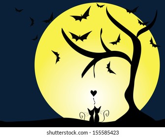 cute cats in love staring ta the moon with bats, Halloween concept