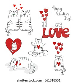 Cute cats in love. Valentines day set. Collection of doodle vector illustrations. 