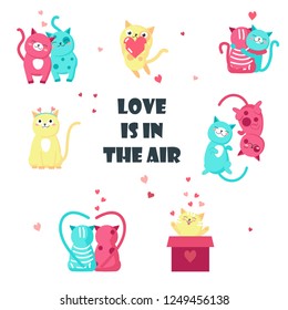 Cute cats in love. Vector illustration isolated on white background. Happy hugging, playing, holding hearts loving kittens for greeting card, invitation, poster, sticker, print.