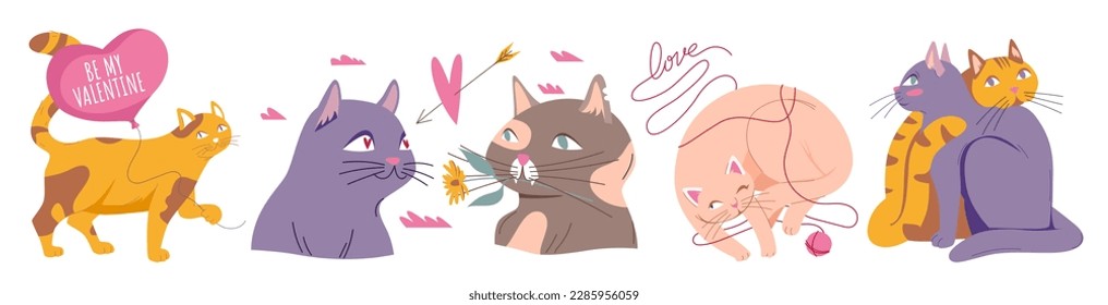 Cute cats in love vector illustration. Funny cartoon cats cuddled up with tails forming hearts, holding signs reading I Love You or flowers, great for Valentines Day cards