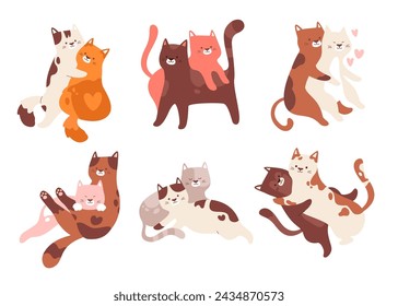 Lindos gatos pareja amorosa, gatito divertido abrazándose juntos, familia felina abrazándose con amor conjunto aislado en blanco. Feliz día de San Valentín kawaii animal de compañía que siente emoción romántica ilustración vectorial