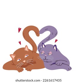 Cute cats lying together with tails in shape of hearts vector illustration. Cartoon funny kitty characters in love, adorable kittens with happy faces and paws for Valentines Day greeting card