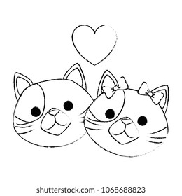 cute cats mascots head with hearts characters