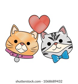 cute cats mascots head with hearts characters