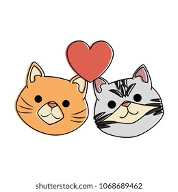 cute cats mascots head with hearts characters