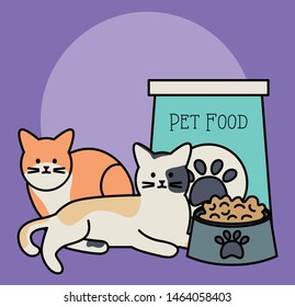 cute cats mascots with paper bag food and dish