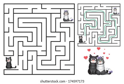 Cute Cat's Maze Game (help cat to find his love) Maze puzzle with solution. Vector illustration