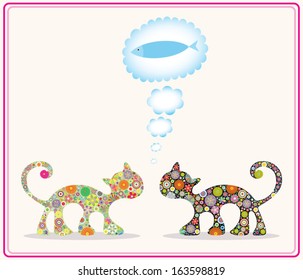 Cute cats, meet friends, silhouette, dinner, fish