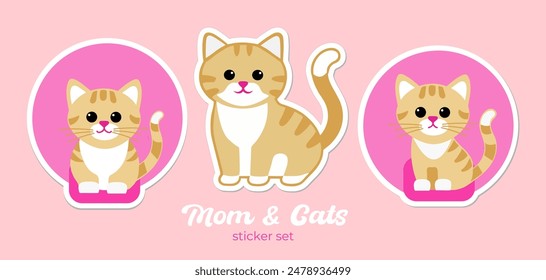 Cute cats and mom sticker set, animal, kitty, little friends, planner sticker, vector