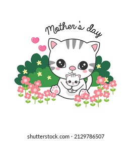 Cute Cats for Mother's Day. Cats mom and baby on flowers field.