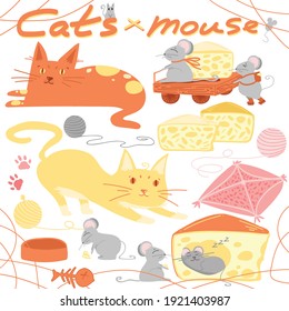 the cute cats and mouse illustration set