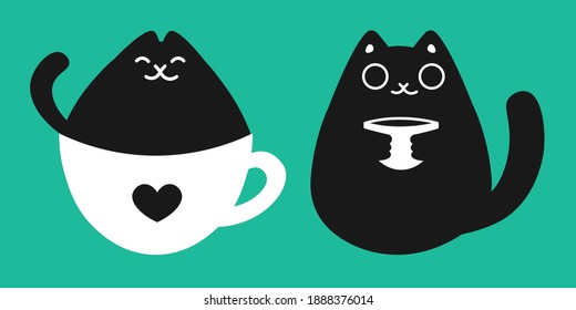 Cute cats and mugs. Two illustrations. Tea and coffee lovers