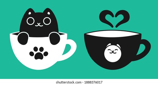 Cute cats and mugs. Two illustrations. Tea and coffee lovers