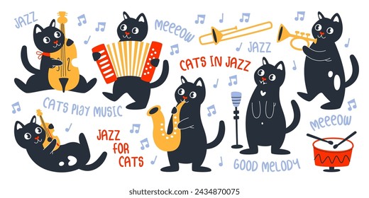 Cute cats musical jazz band animal characters playing music instrument, singing song set vector illustration. Funny positive kitten with violin, double-bass, trumpet, accordion performing concert