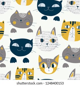 Cute cats muzzles seamless pattern. Artistic nursery background. Childish vector illustration for kids design, fabric, wrapping, textile, scrapbooking etc