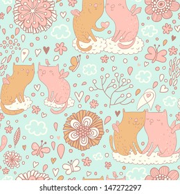 Cute cats on clouds in the sky.  Seamless pattern can be used for wallpaper, pattern fills, web page backgrounds, surface textures.