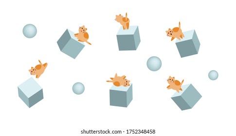 Cute cats on cubes. Jump, lie, sit. Vector illustration.