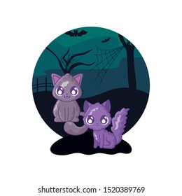 cute cats on halloween scene