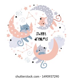 Cute cats on the moon. Good night. Sweet Dreams. Children's illustration for cards, posters, clothes. Pink cats among the clouds, constellations, stars, month.