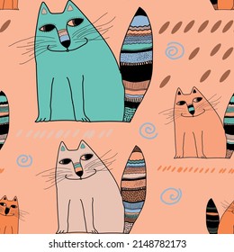 Cute cats on a pink background. Vector seamless pattern.