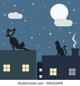cute cats on the roof  in the starry night vector illustration