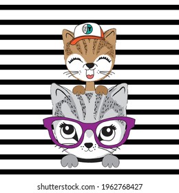 Gatos cortos en ilustración vectorial de fondo a rayas. Diseño gráfico de camisetas.