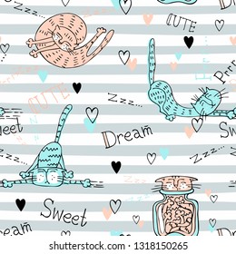 Cute cats on striped pattern background. Vector 