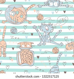 Cute cats on striped pattern background . Vector. 
