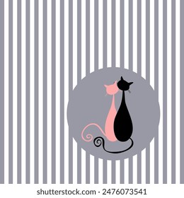 Cute cats on striped pattern. Vector Illustration.