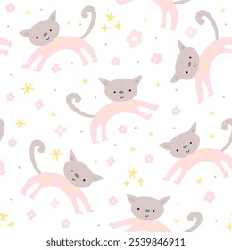 Cute cats on a white background with flowers and stars. Seamless hand drawn pattern.