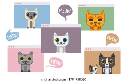Cute cats with online meeting concept.Vector illustration of cute cats with video call conference talking.