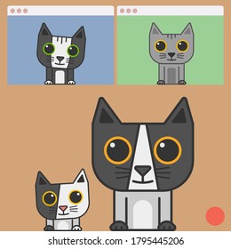 Cute cats with online meeting series.Vector illustration of video conference with cats.