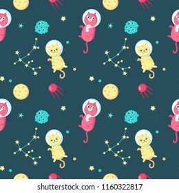 Cute cats in outer space vector seamless pattern. Creative design for fabric, textile, wallpaper, wrapping paper.