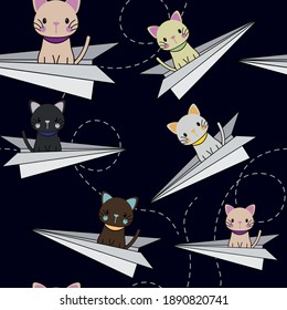 Cute Cats in The Paper Airplane Cartoon Kids Pattern Seamless