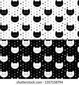 Cute cats pattern. Black white cat vector background repeat wallpaper 