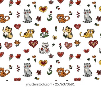 Cute cats. Pattern. Cartoon funny style. Vector.