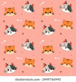 Cute cats pattern with different smile face cat, funny adorable cat or fluffy kitten, doodle pet friend. Vector illustration in flat style for sticker, print.