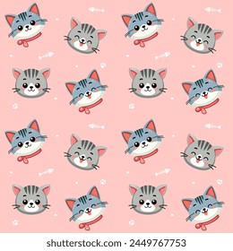 Cute cats pattern with different smile face cat, funny adorable cat or fluffy kitten, doodle pet friend. Vector illustration in flat style for sticker, print.