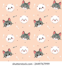 Cute cats pattern with different smile face cat, funny adorable cat or fluffy kitten, doodle pet friend. Vector illustration in flat style for sticker, print.